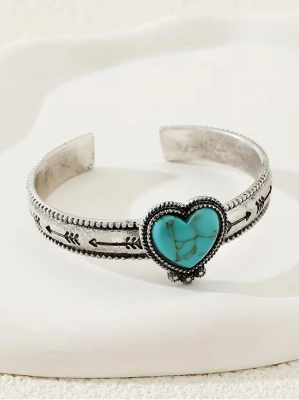 WESTERN Faux Turquoise Heart Silver-Tone Arrow Cuff Bracelet